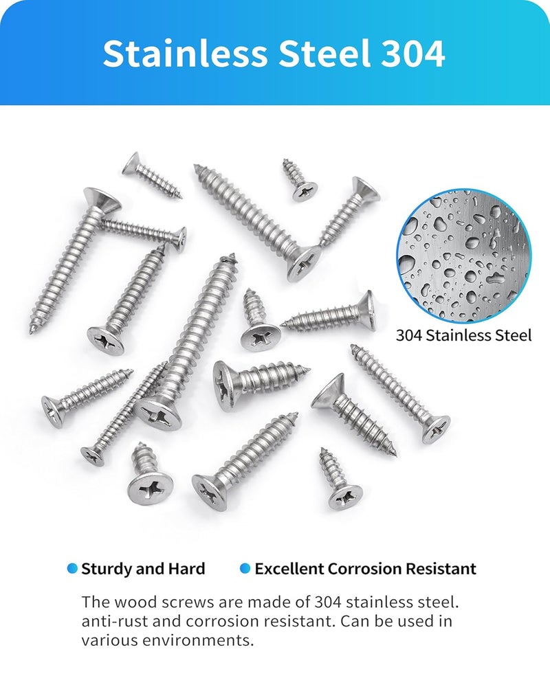 DIVANC 550Pcs 304 Stainless Steel Wood Screws Assortment Kit, Phillips Flat Head Sheet Metal Screw Self Tapping Screws Set, #4#6#8#10#12 Wood Assorted Screws, Length 1/4" to 1-1/2" (Flat Head 550PCS) - Image 4